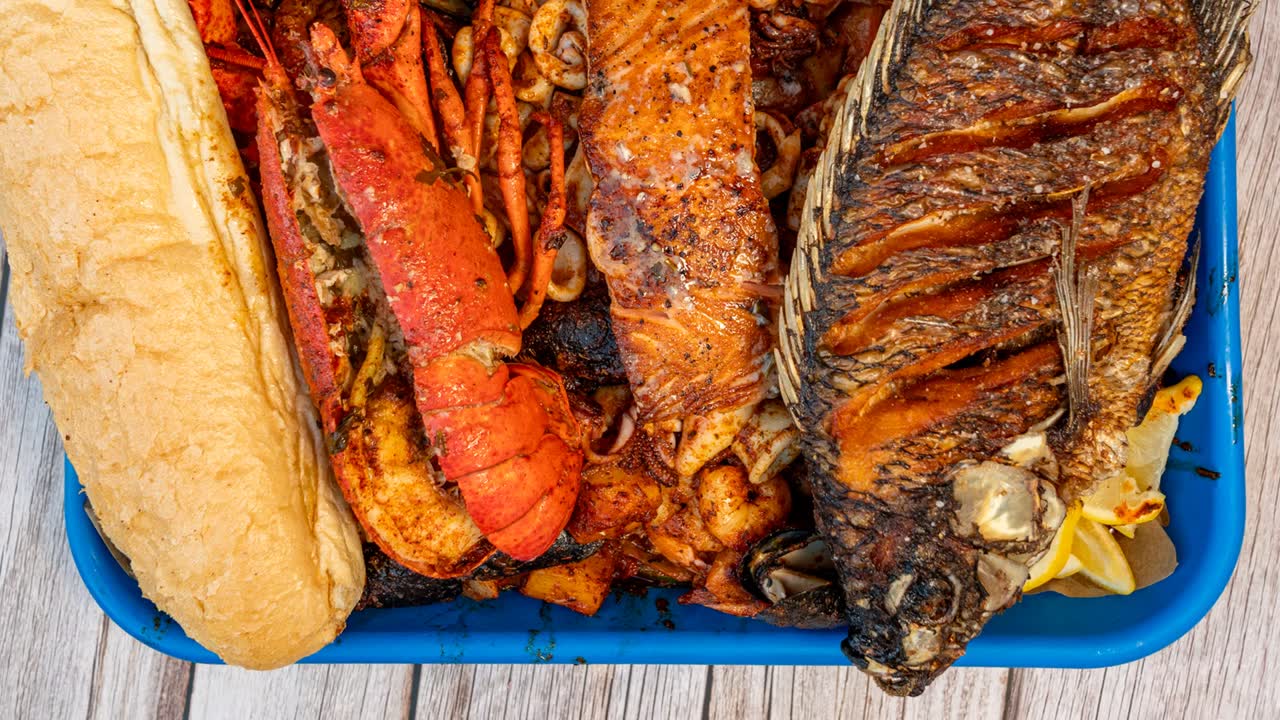 Seafood platter with lobster and whole fish at San Pedro Fish Market
